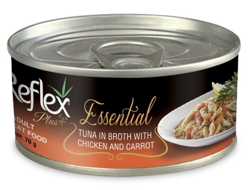 Reflex Plus Essential Ton Balıklı Tavuklu ve Havuçlu Yetişkin Kedi Konservesi 70 gr