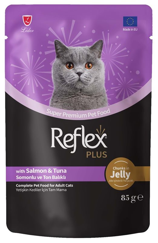 Reflex Plus Somonlu ve Ton Balıklı Yetişkin Kedi Yaş Mama 85 Gr (Jöle İçinde)
